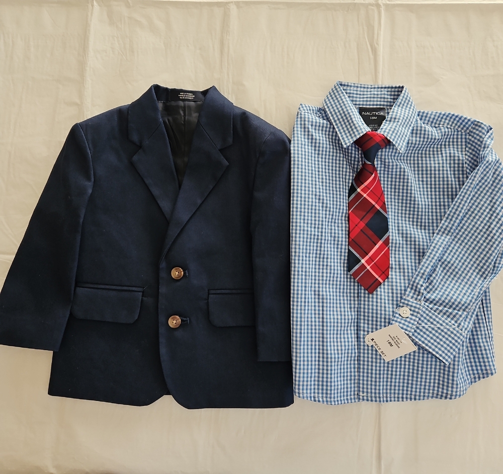 Nautica Boys Navy Blazer with Blue Check Button-Down Shirt and Red Plaid Tie